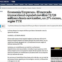 El mercado transaccional espaol moviliz 72.728 millones hasta noviembre, un 27% menos, segn TTR